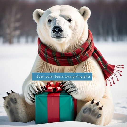 Polar bear wearing holiday scarf, holding gift in snowy field