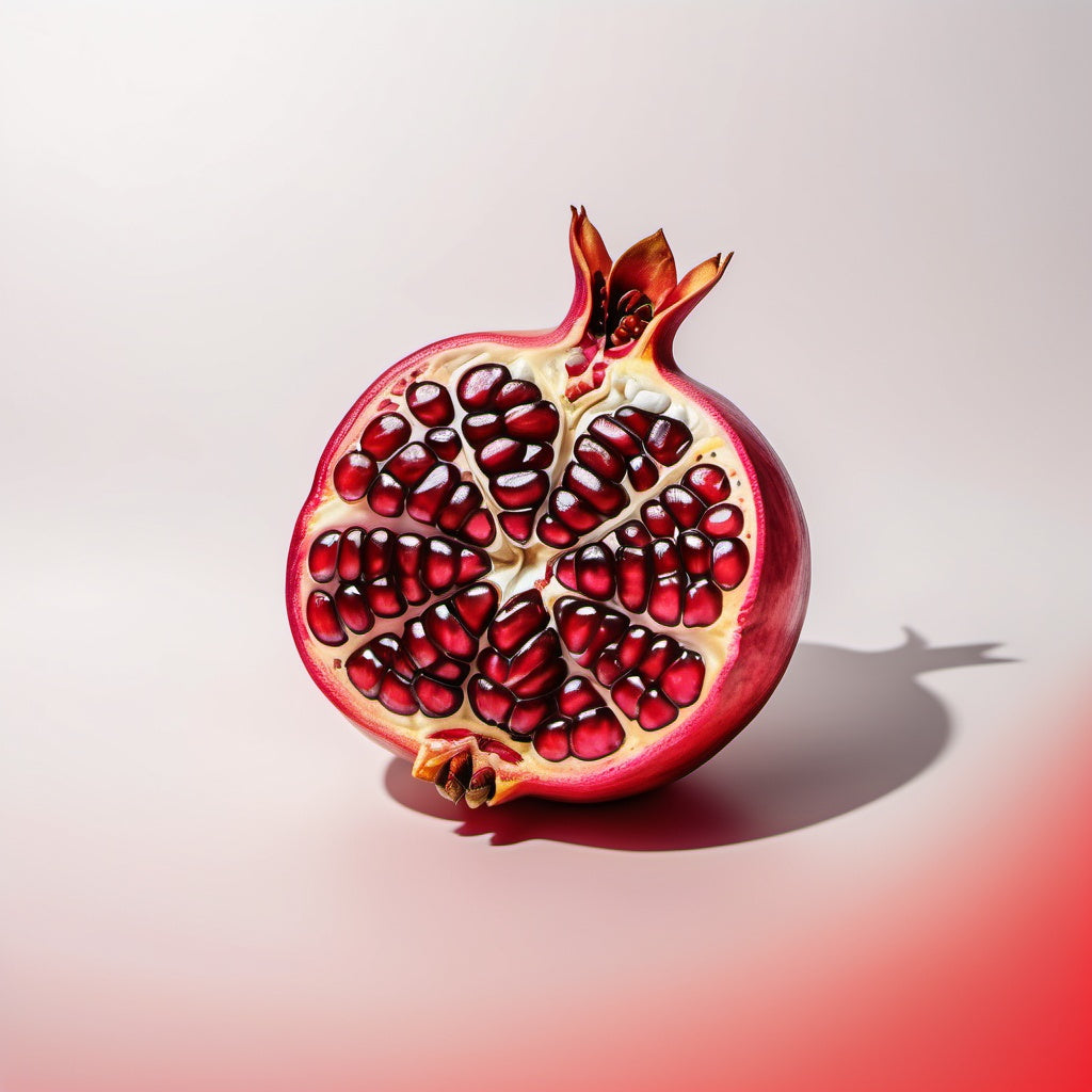 A vibrant design featuring whole and sliced pomegranate on a red-to-white gradient background. Ideal for fruit-based drink marketing, healthy snack promotions, and fresh produce campaigns.