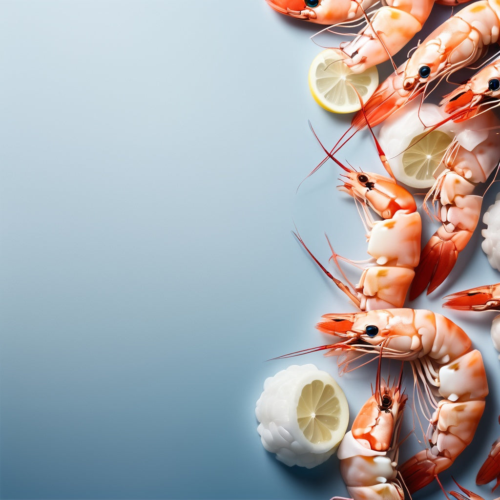 A fresh and aquatic design featuring prawns on a light blue-to-white gradient background. Ideal for seafood promotions, restaurant marketing, and gourmet cooking.