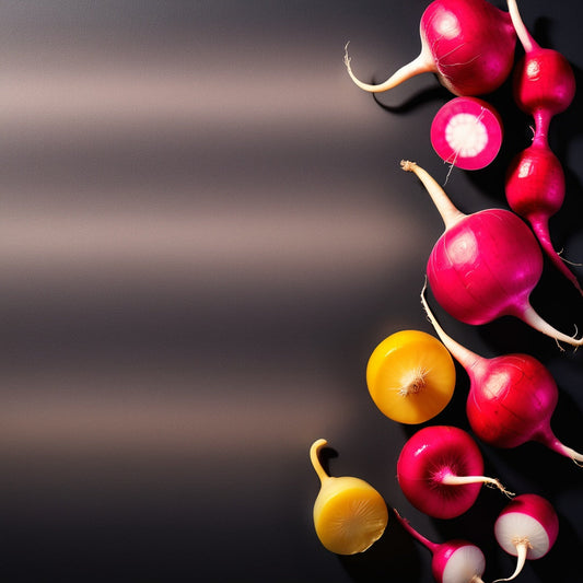 A fresh and vibrant design featuring whole and sliced radishes on a red-to-yellow gradient background. Ideal for salads, fresh vegetable marketing, and healthy food campaigns.