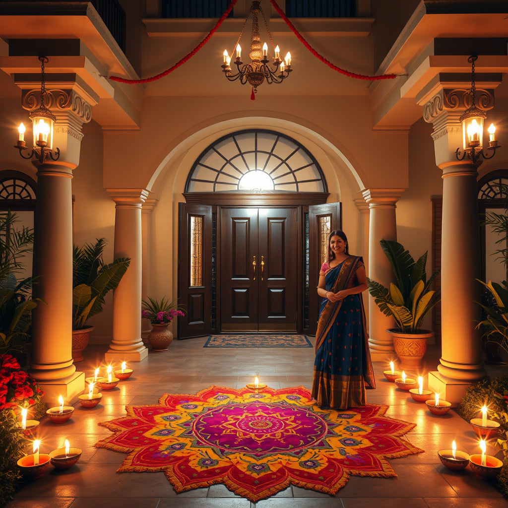 Diwali-themed open house with glowing lamps, rangoli, and a host welcoming guests at a luxurious property.