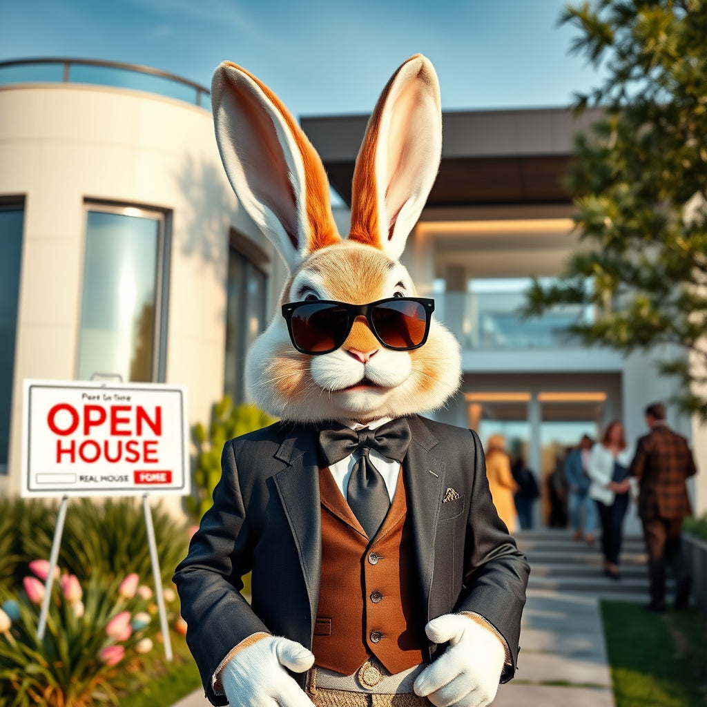 Easter Bunny in costume and sunglasses at a luxury house opening event, promoting sophistication and fun.