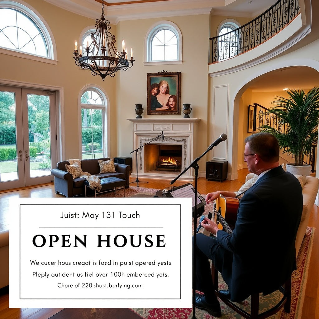 Luxury real estate property with a live guitar performance creating an inviting atmosphere during an open house.