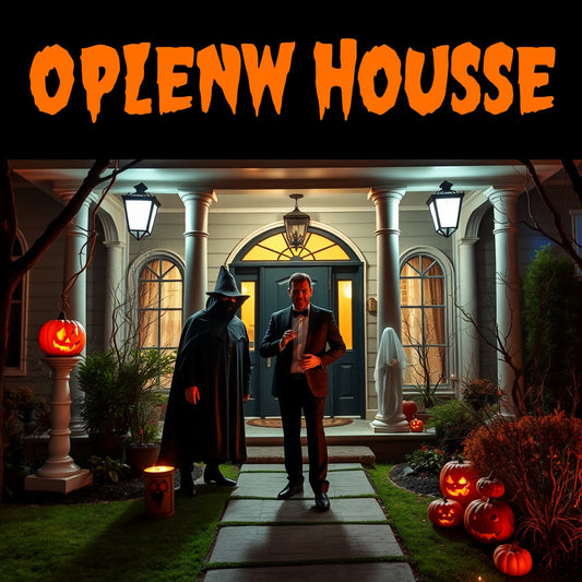 Halloween-themed open house with spooky décor and a real estate agent in costume showcasing luxury property.