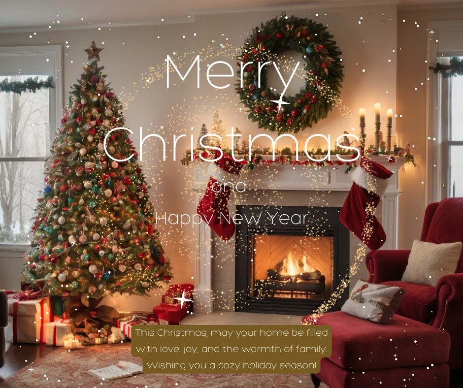 A beautifully decorated living room with a Christmas tree and stockings hanging by a warm fireplace.