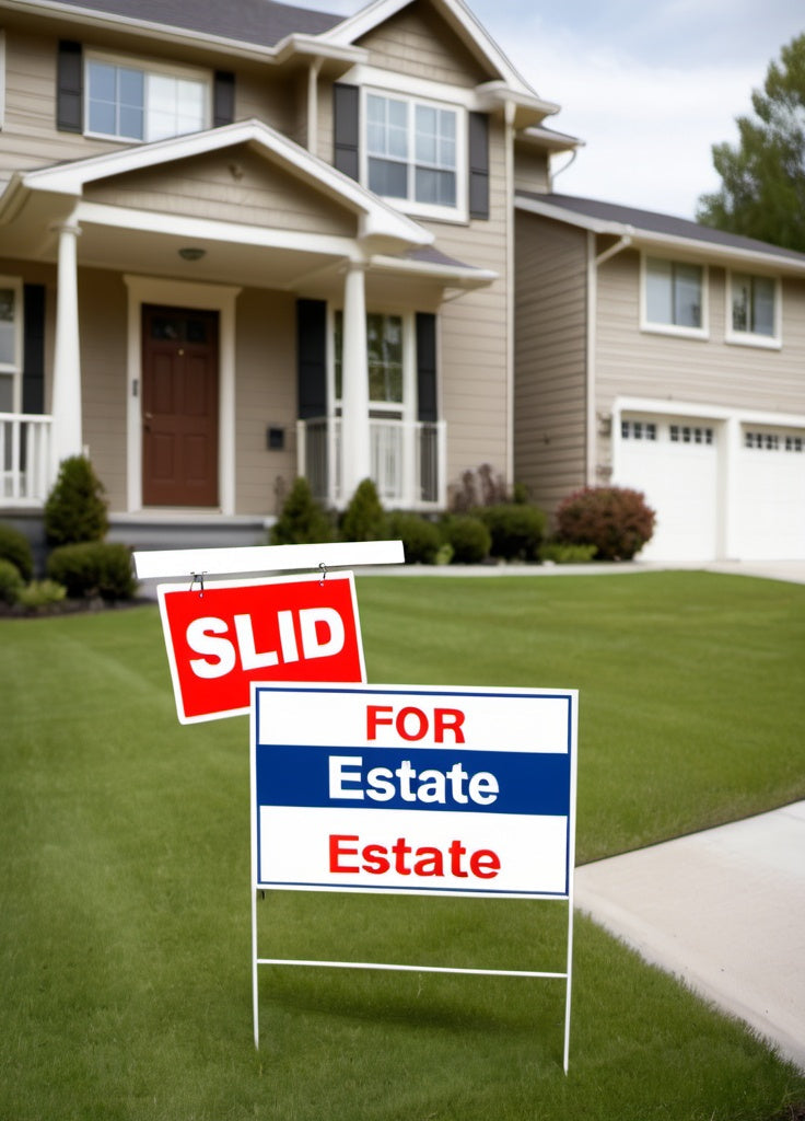 Real estate signage placed at the front of a property for visibility and marketing.