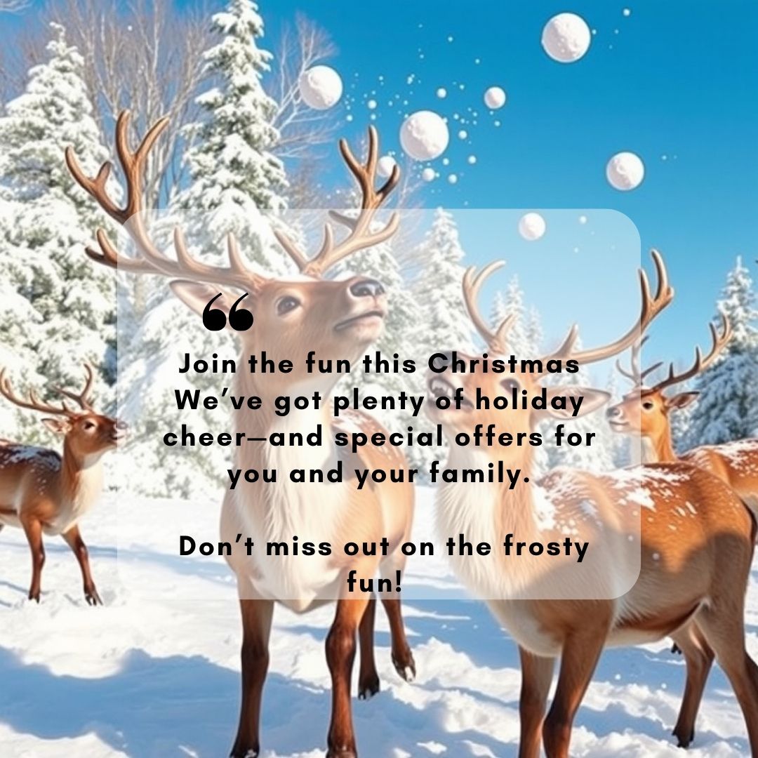 Reindeer throwing snowballs in snowball fight under snowy trees and blue sky