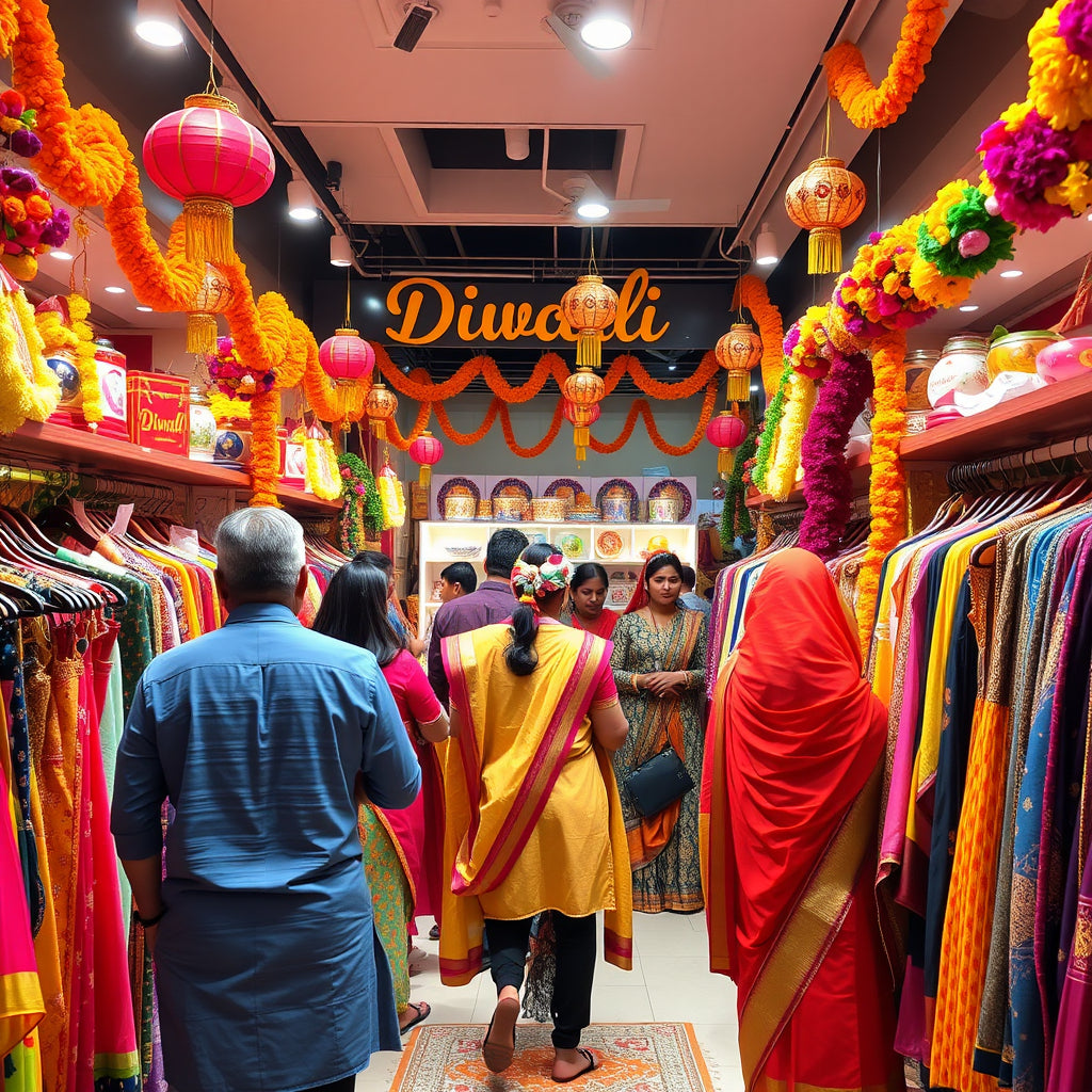 Diwali shopping experience with customers browsing colorful clothing and accessories in a festive retail environment.