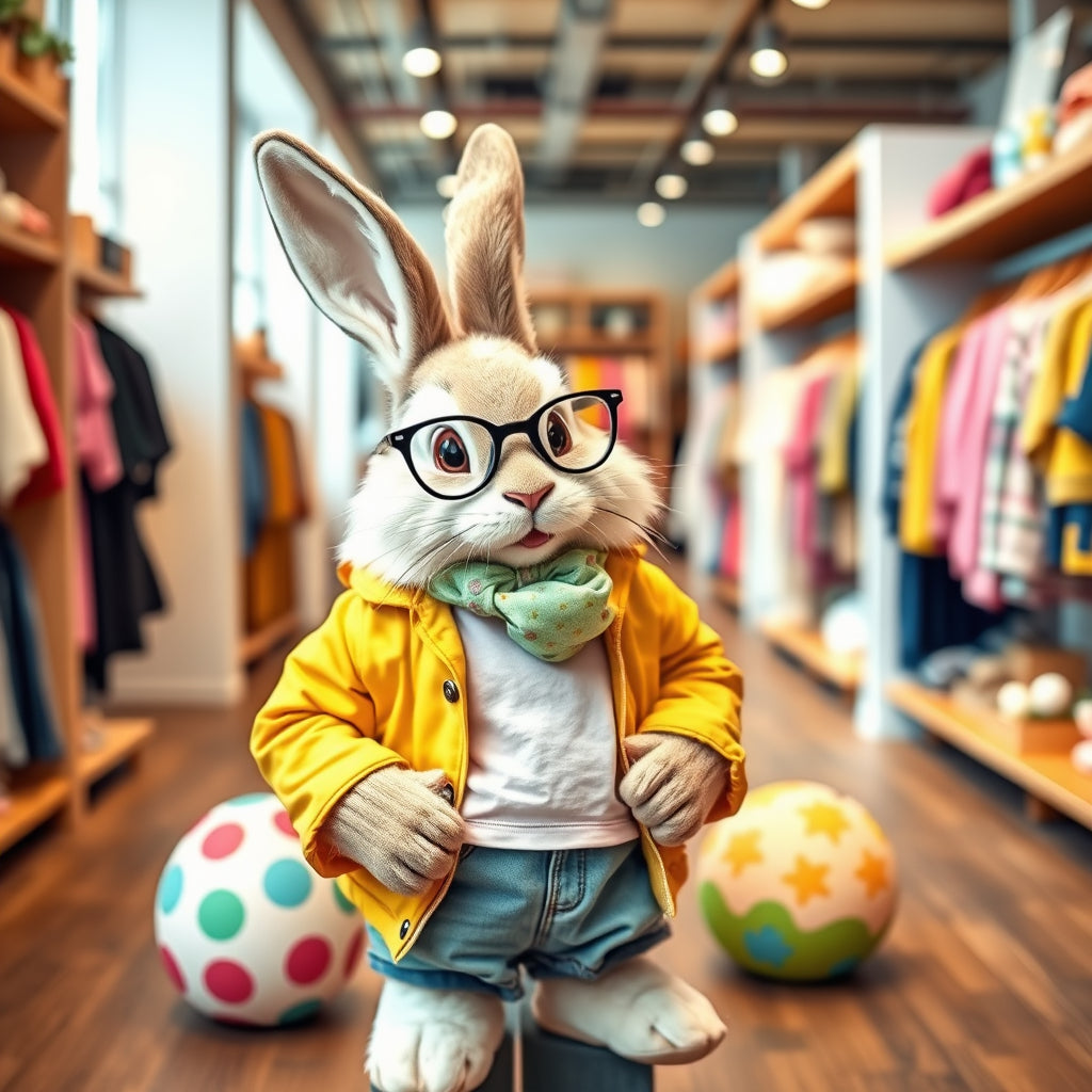 Easter Bunny trying on stylish clothes in a boutique, bringing a playful, fashion-forward vibe for retail brands.