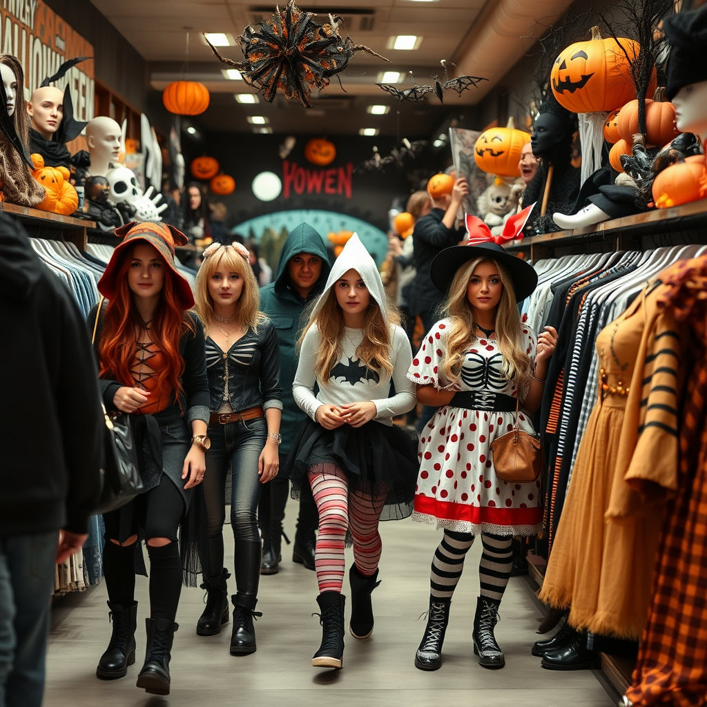 Halloween shopping spree with customers in costumes browsing clothing in a spooky retail store environment.