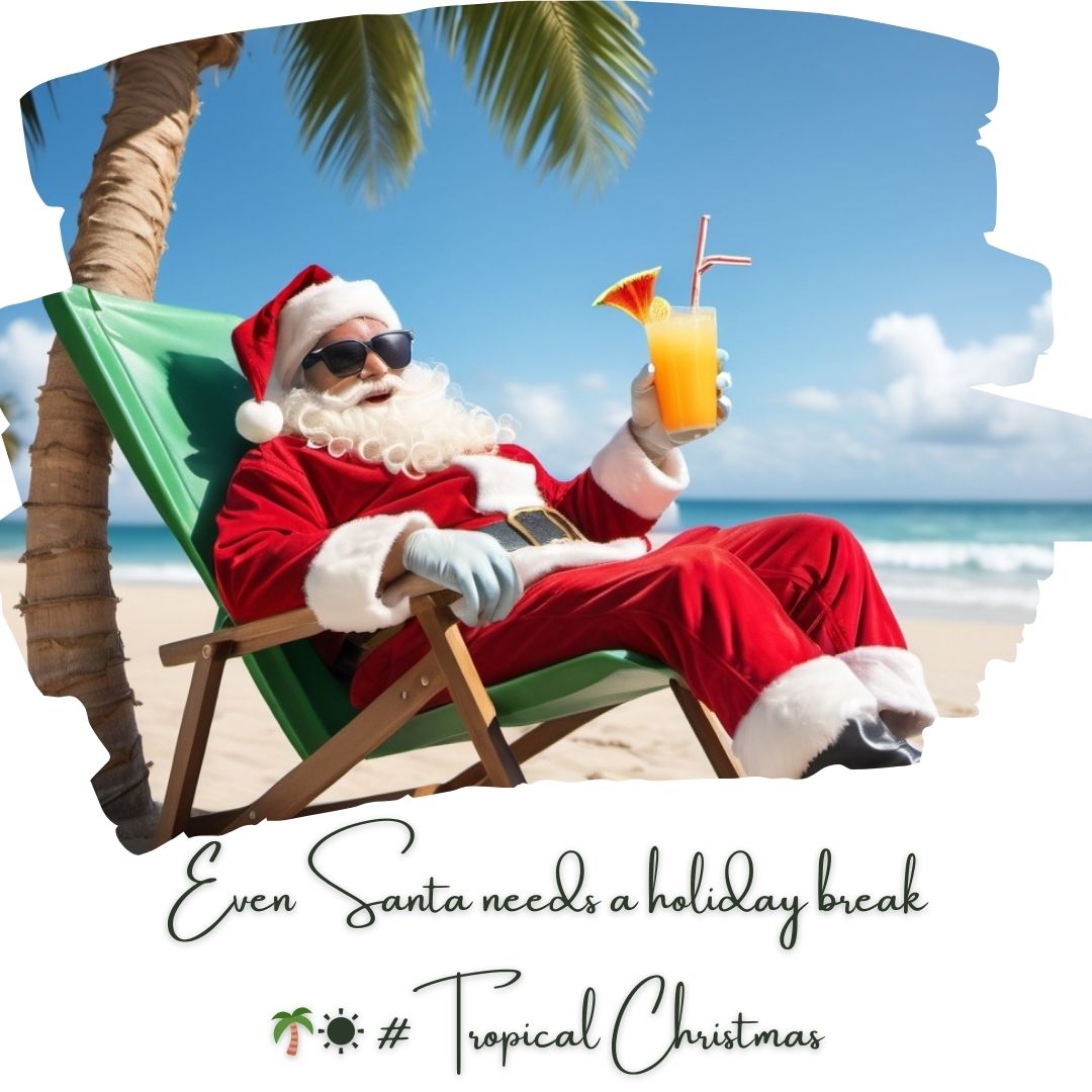 Santa lounging under palm tree, sipping tropical drink