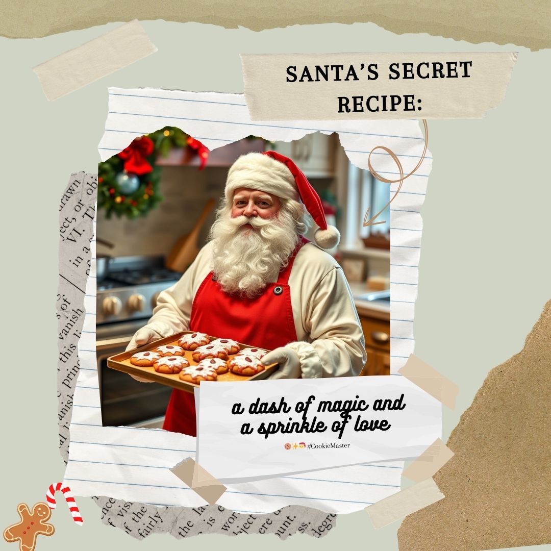 Santa in chef's apron holding tray of Christmas cookies with festive kitchen