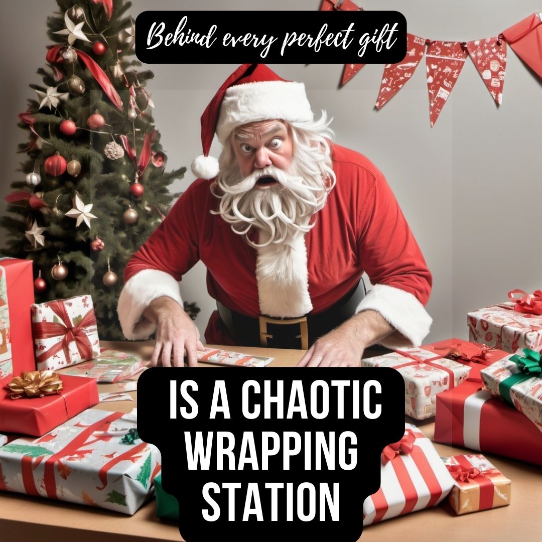 Santa at chaotic wrapping table with paper, ribbons, and gifts