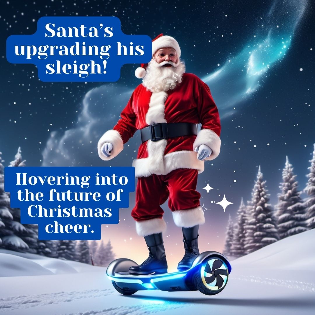 Santa Claus on futuristic hoverboard in glowing LED suit delivering presents in snowy starry sky