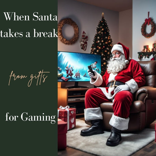 Santa playing video games on big screen with Christmas decorations