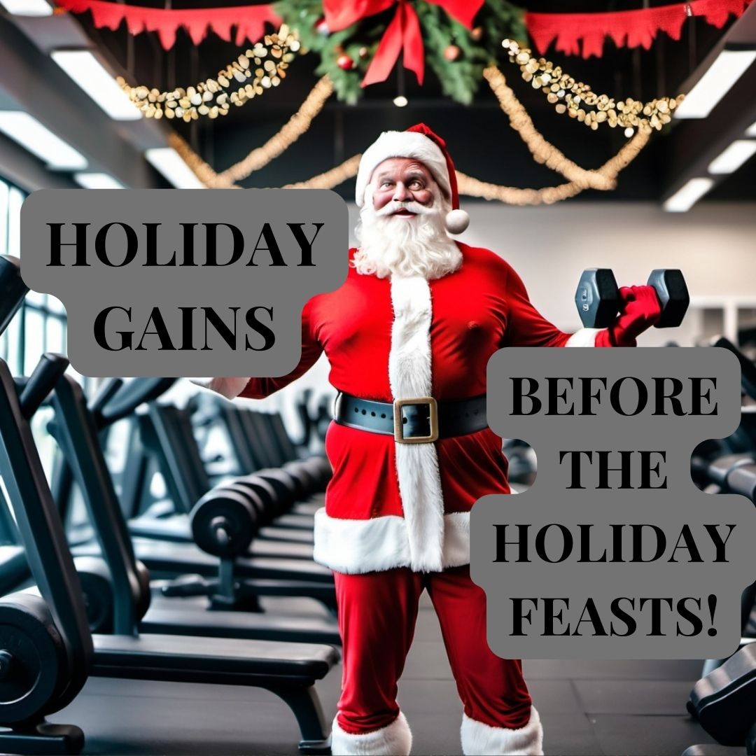 Fit Santa lifting dumbbells in festive gym with holiday decor