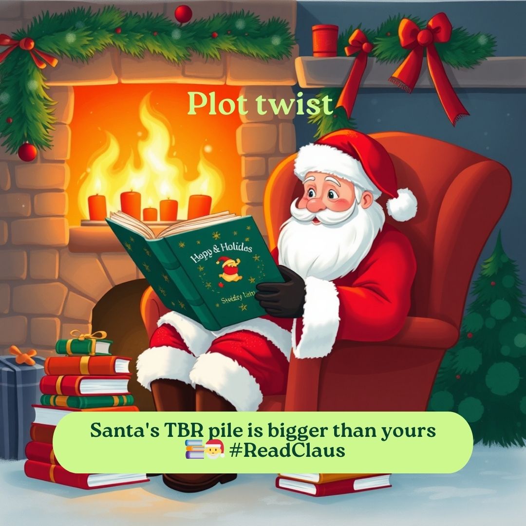 Santa reading holiday storybook by fireplace with stack of books