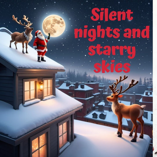 Santa and reindeer on snowy rooftop gazing at starry sky with glowing moon