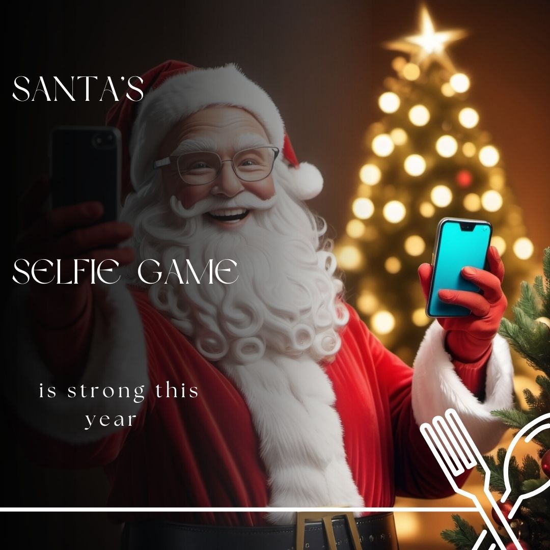 Santa taking selfie in front of glowing Christmas tree with smartphone