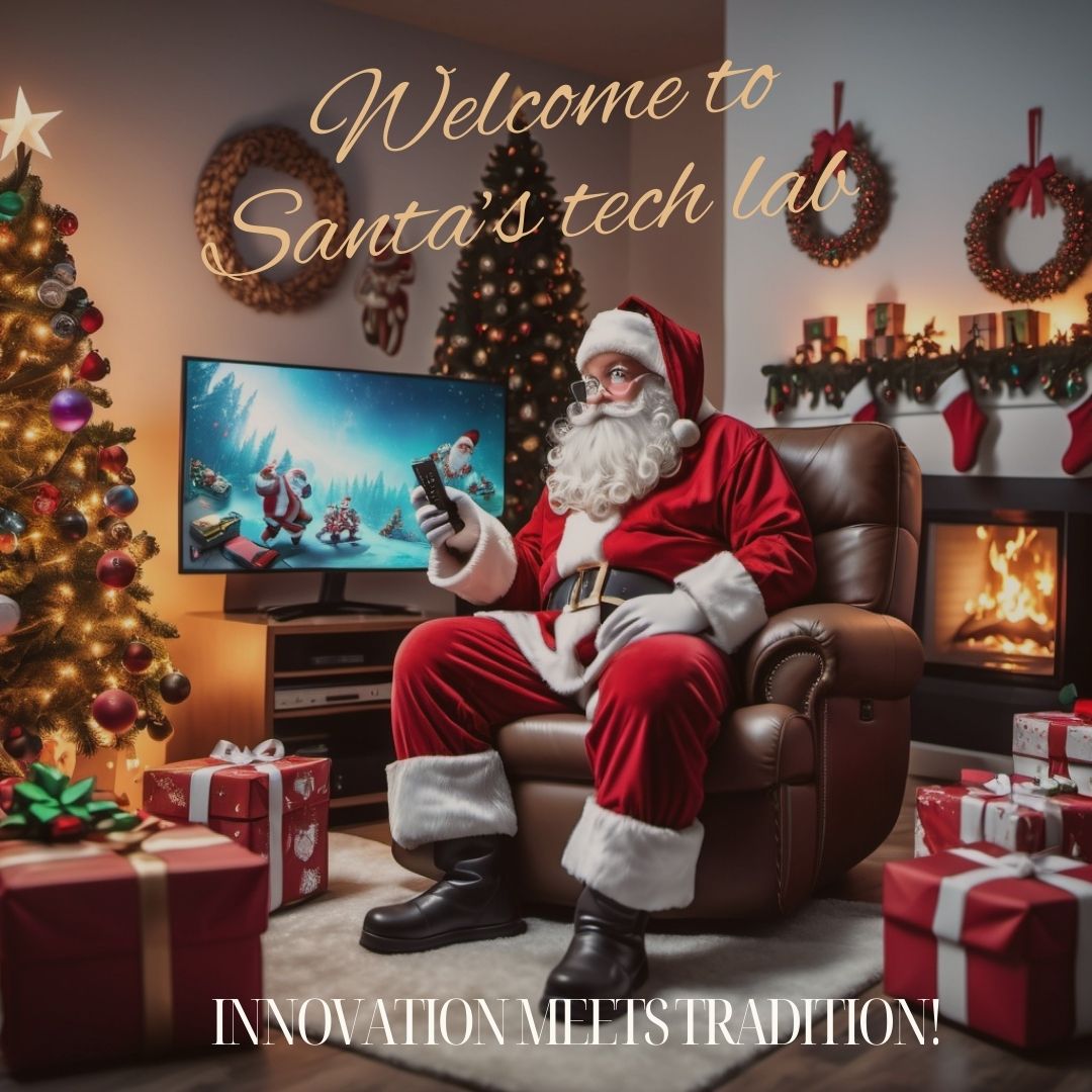 Santa in high-tech workshop with VR headsets, holographic tools, and smart devices