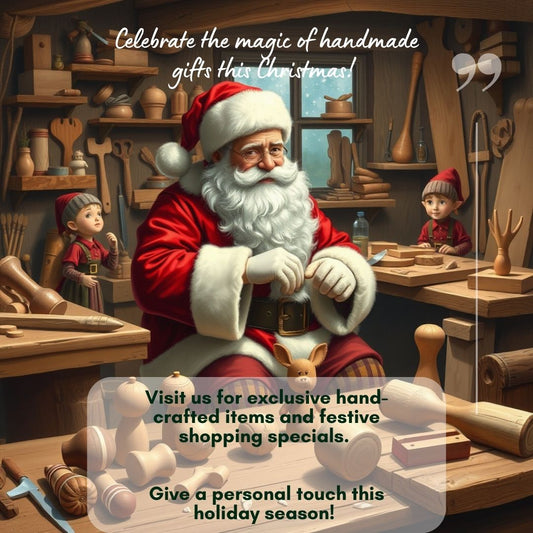 Santa working at workbench surrounded by wooden toys, elves helping in cozy workshop