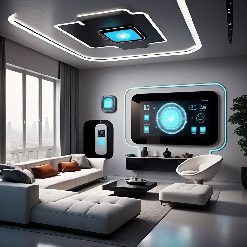 Futuristic living room with smart technology displays for marketing smart homes.