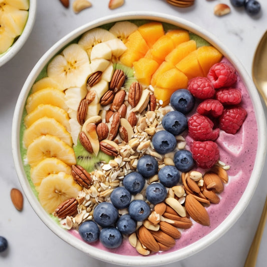 A vibrant smoothie bowl with layers of fresh fruits, nuts, and seeds, showcasing a healthy and artistic breakfast.