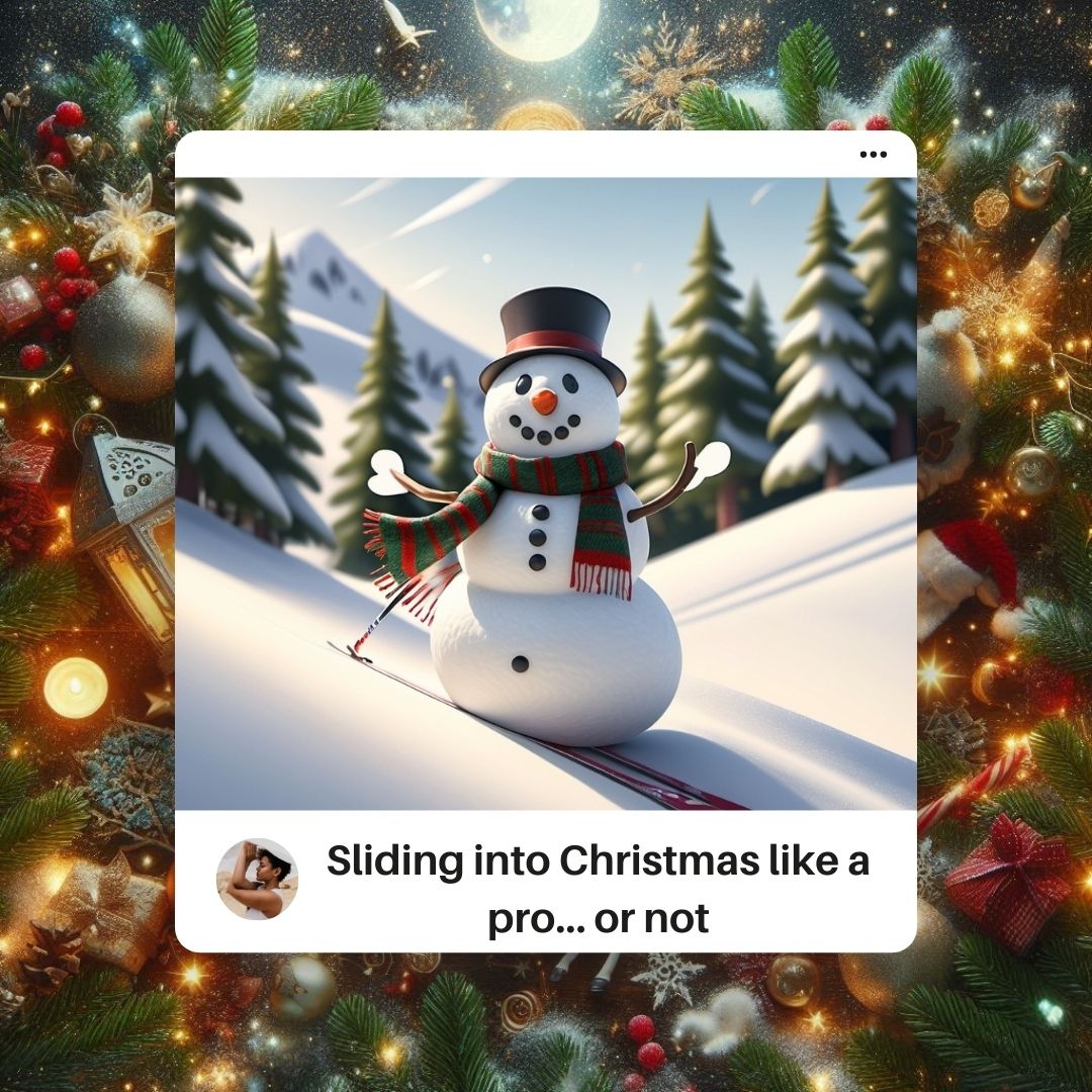 Snowman skiing down snowy hill with Christmas scarf flying