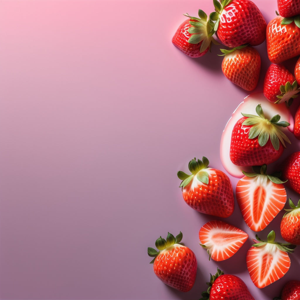 A fresh and vibrant design featuring whole and sliced strawberry on a pink-to-white gradient background. Ideal for smoothie shops, dessert promotions, and fresh fruit marketing.