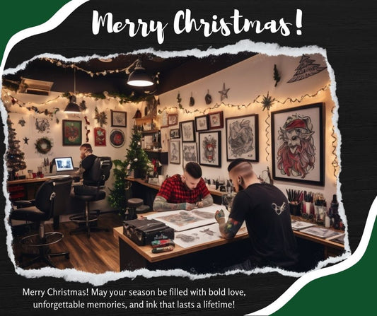 A tattoo studio decorated with Christmas lights and festive artwork, featuring tattoo artists creating designs in a cozy setting.