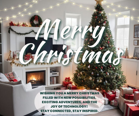 A tech-savvy home with a Christmas tree, gadgets like smartphones and laptops surrounded by Christmas decorations.