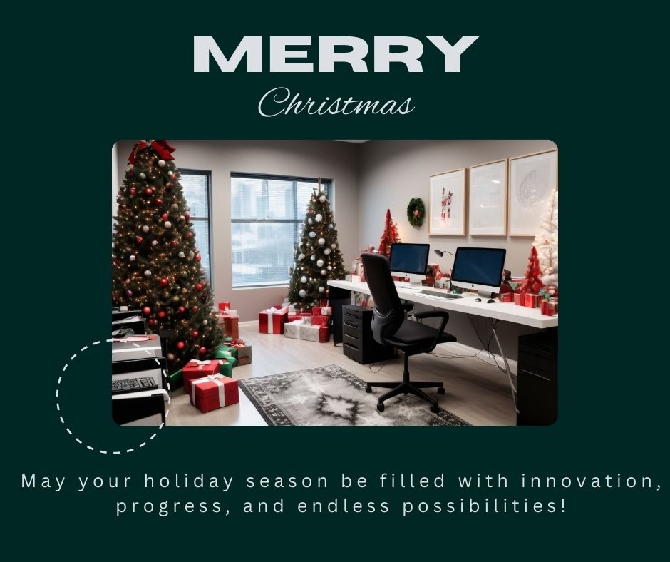 A sleek office space with tech gadgets and equipment, decorated for Christmas with lights and festive items.