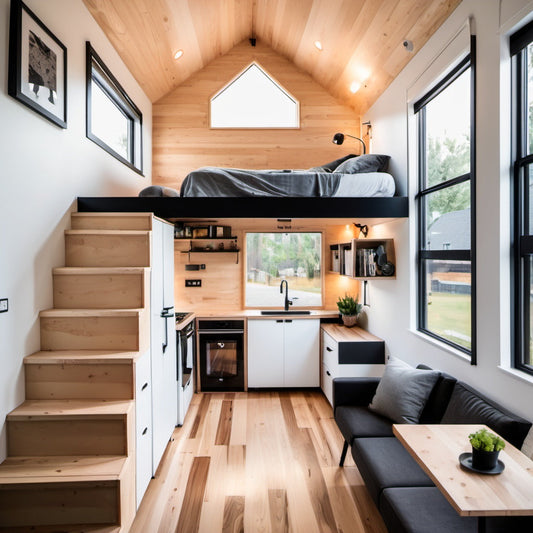 Small, modern tiny home with creative use of space for marketing minimalist properties.