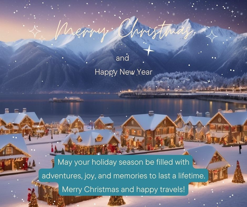 A scenic travel destination decorated for Christmas, featuring snow-capped mountains or a beach with festive decorations.