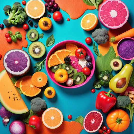 Bold and dynamic AI generated food background featuring an artistic collage of fresh food ingredients and textures in vibrant colors ideal for creating eye catching social media content for food brands