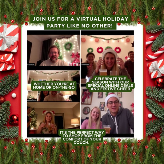 People celebrating virtual holiday party with festive outfits and decorations