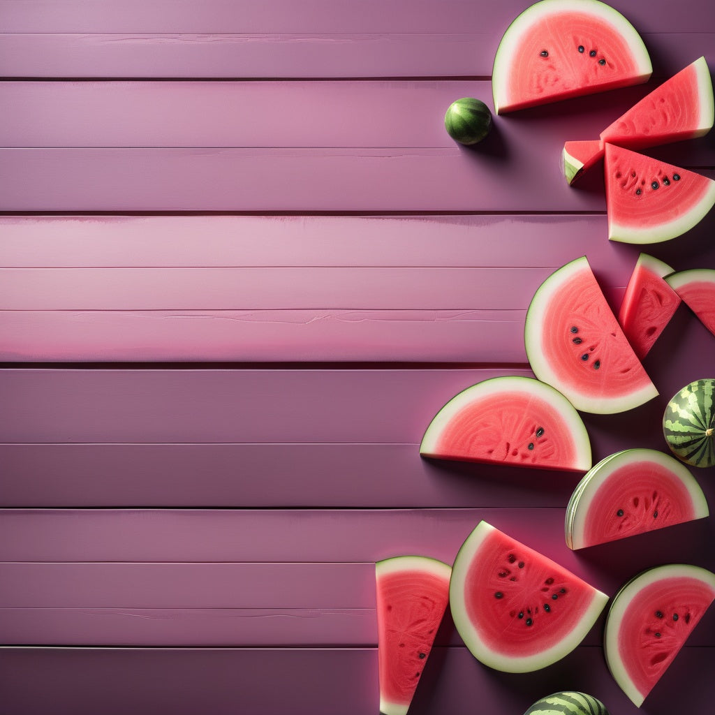 A refreshing design featuring whole and sliced watermelon on a pink-to-white gradient background. Ideal for summer fruit promotions, fresh beverage marketing, and fruit-based dessert promotions.