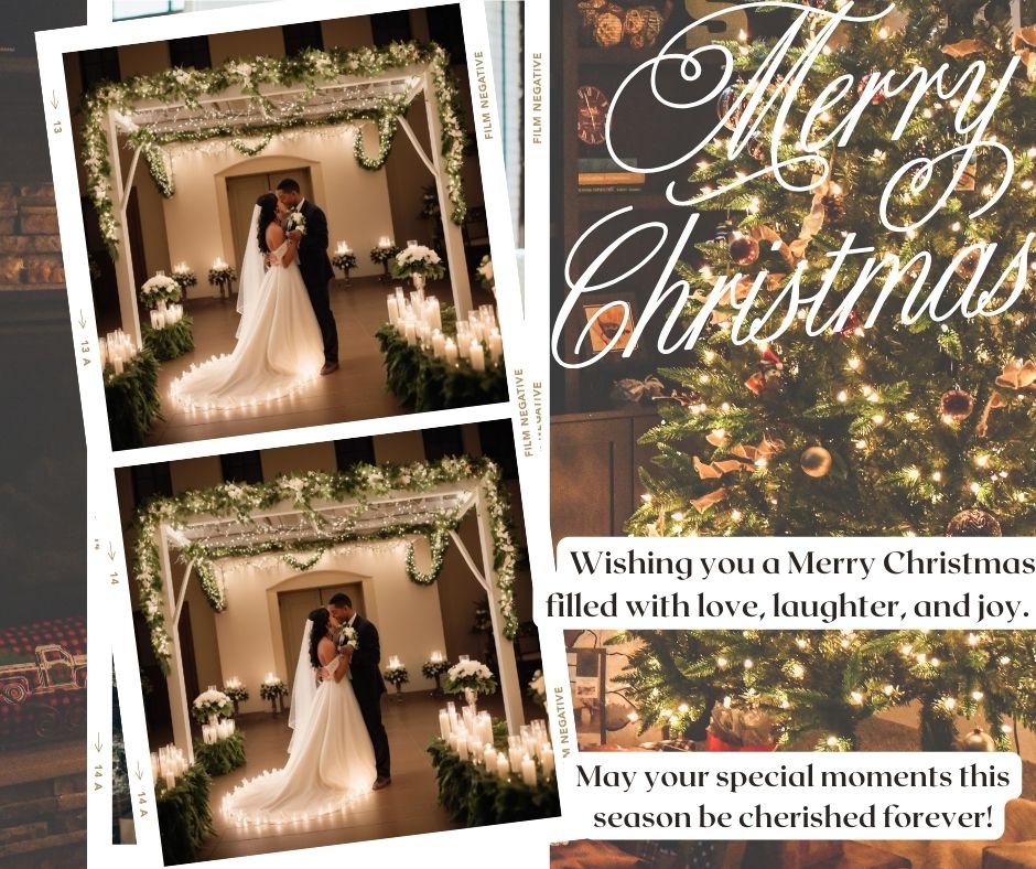 A wedding venue beautifully decorated with Christmas lights, candles, and white flowers, with a couple in love embracing under the mistletoe.