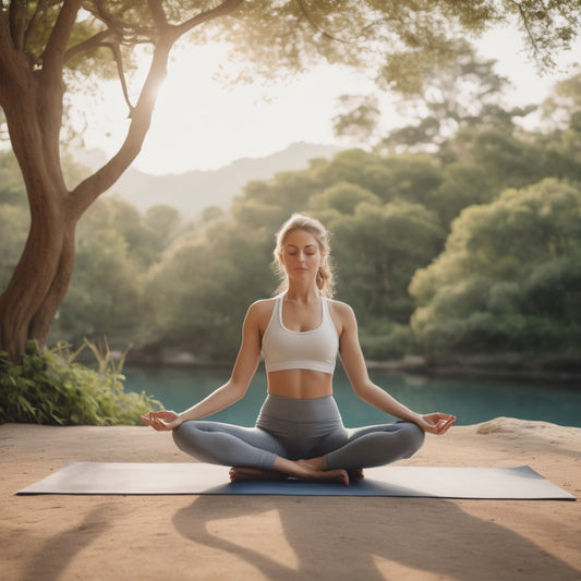 A peaceful yoga pose in a natural environment, emphasizing fitness and wellness, perfect for health and fitness brand promotion.