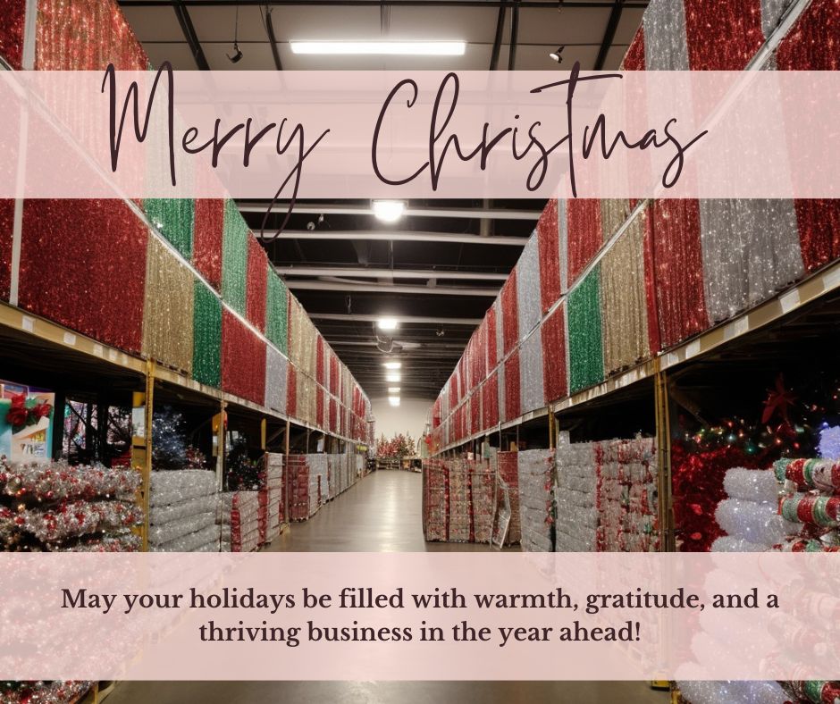 A warehouse filled with Christmas lights, decorated with holiday ornaments, and stocked with bulk items and wholesale products.