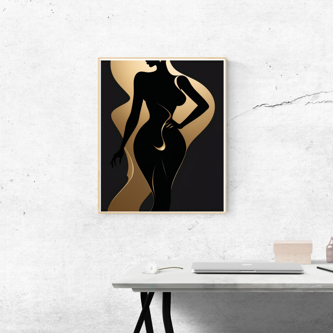 Minimalist black-and-gold silhouette of a standing woman with graceful lines.