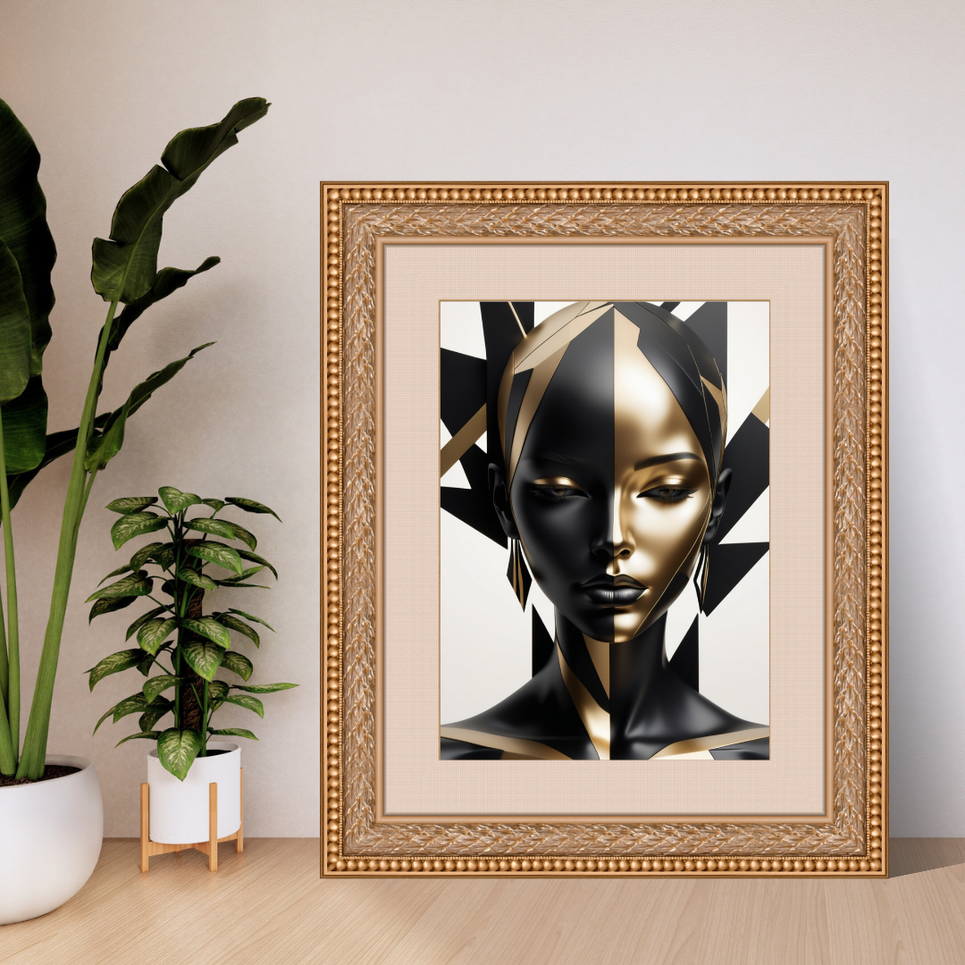 Abstract black-and-gold silhouette of a woman’s head with geometric shapes.