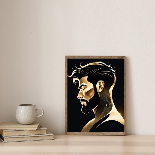 Abstract black-and-gold side profile silhouette of a man with geometric shapes.