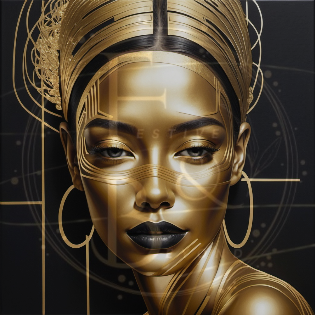 Gold glittering abstract portrait with geometric lines and a matte black background.