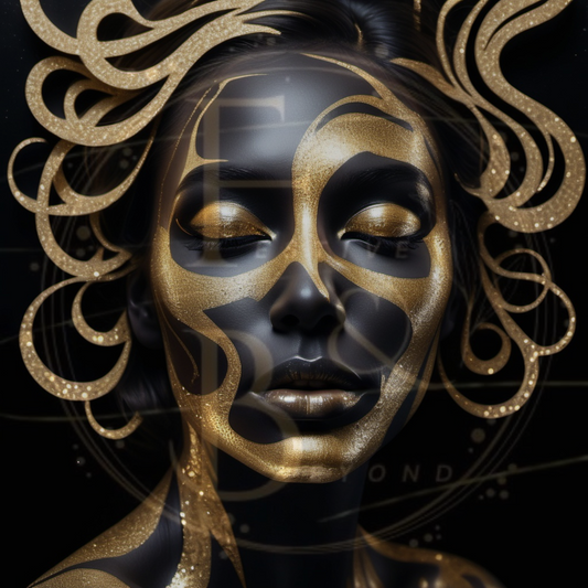 Abstract luxury portrait of a woman's face, with gold lines and glitter, set against a matte black background.