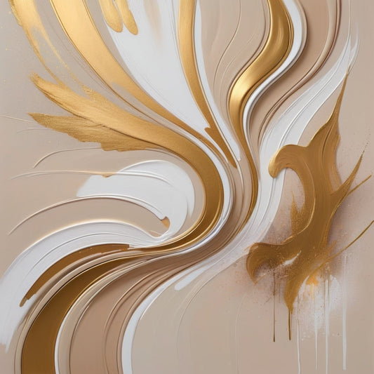 An abstract design with brush strokes of gold and white on a neutral beige background, creating an elegant and minimalistic vibe.