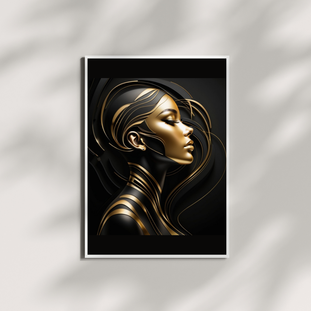 Bold black and gold line art of a woman’s face.