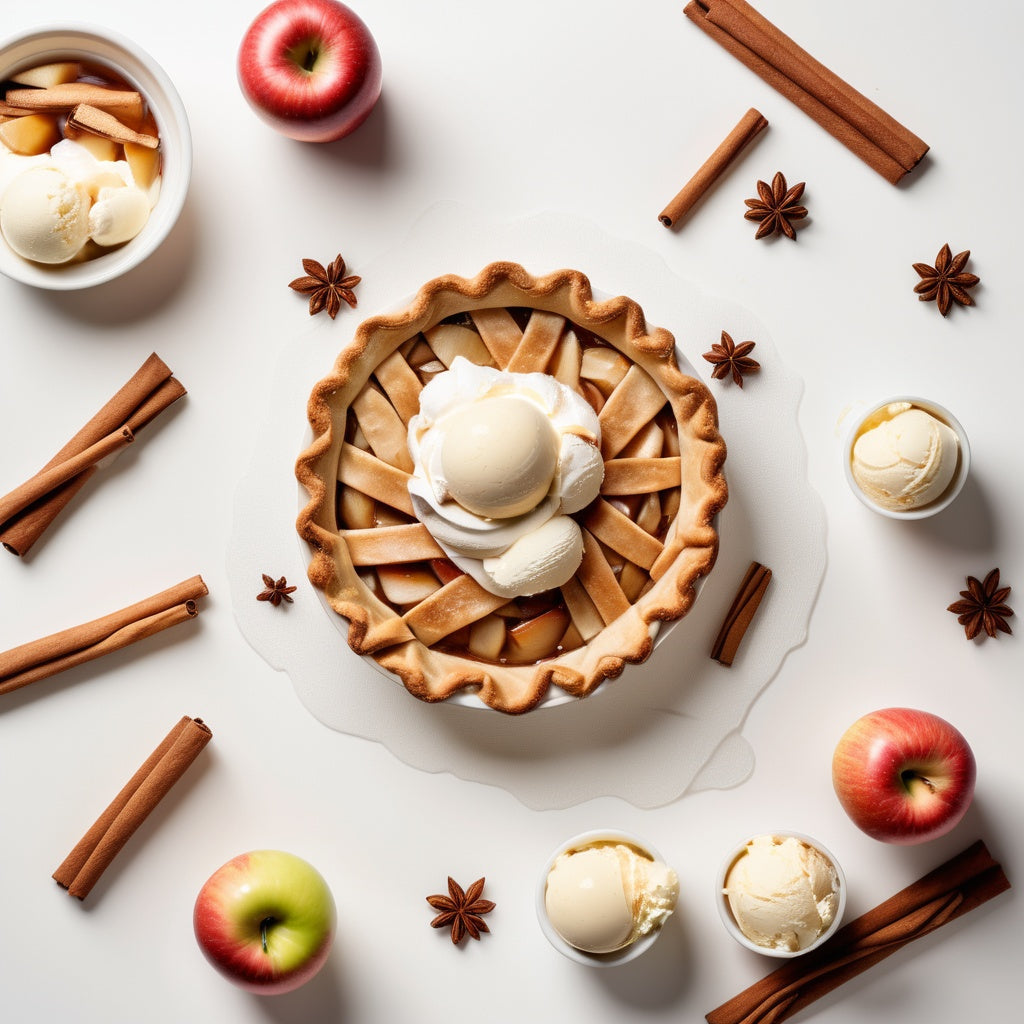 A clean white background with apple pie slices, cinnamon sticks, and vanilla ice cream scattered in the corners.