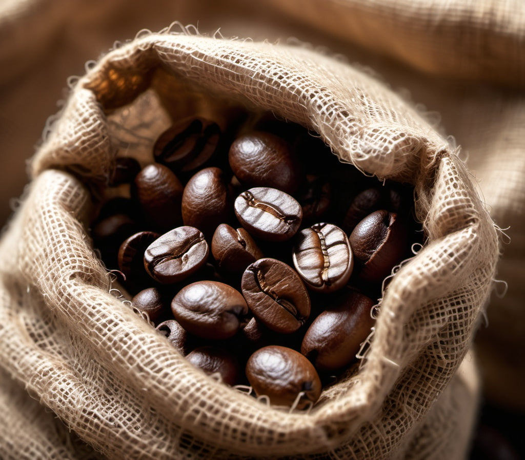 Close-up of an artisan coffee bean in a burlap sack, with natural light highlighting its texture.