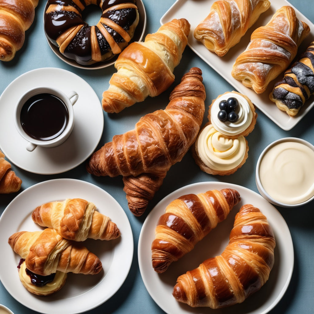 Assorted pastries including croissants and éclairs